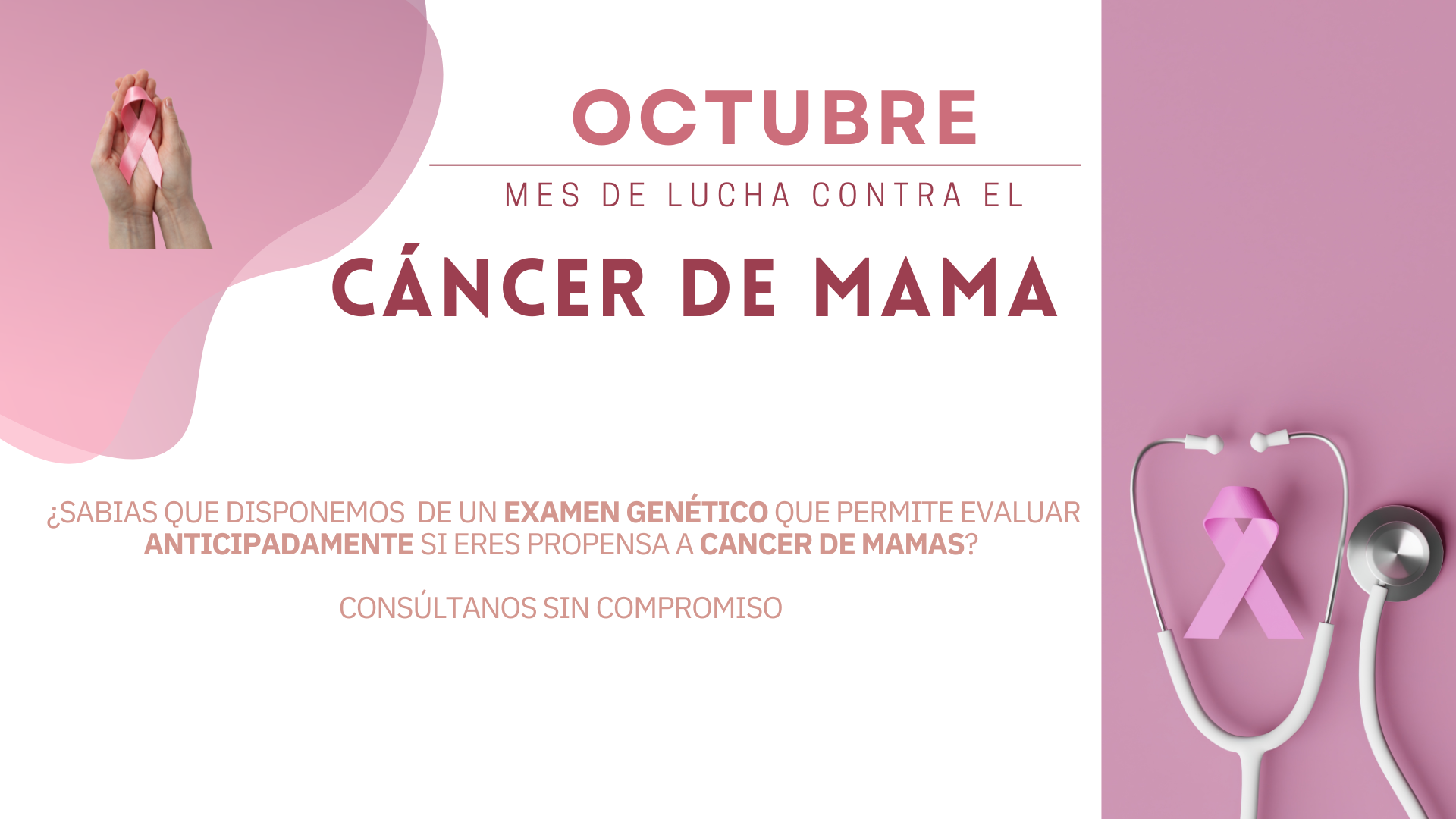 Manos que sostienen una cinta rosada y un estetoscopio con cinta rosada. Octubre, mes de lucha contra el cáncer de mama. ¿Sabías que disponemos de un examen genético que permite evaluar anticipadamente si eres propensa a cáncer de mama? Consúltanos sin compromiso.
